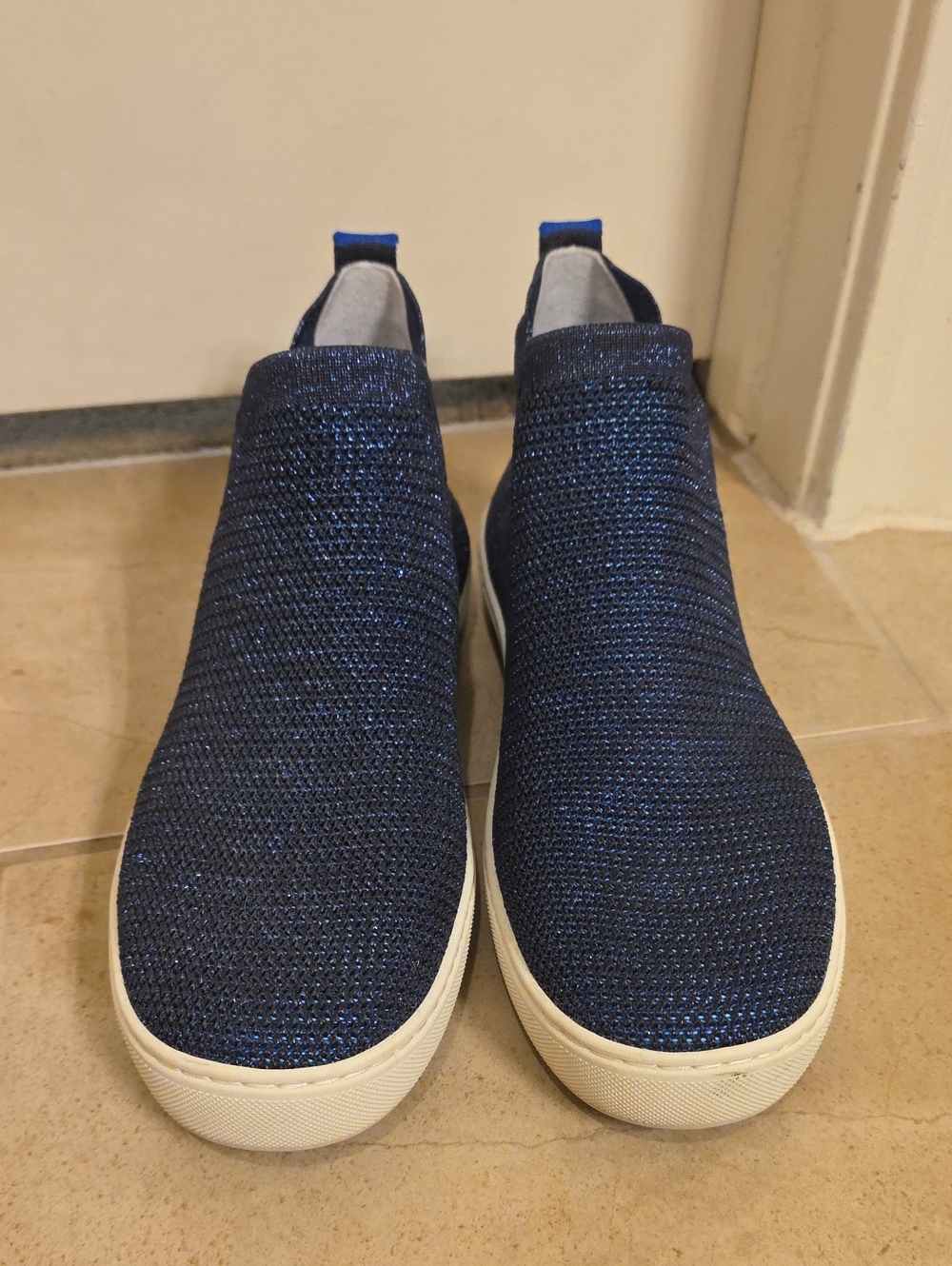Rothy's Sparkle Knit Slip-On Ankle Booties in Navy Blue
